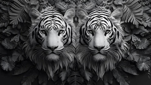 Twin White Tigers in Monochrome Jungle, Surreal Digital Art.