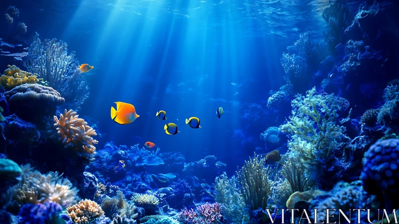Tropical reef fish swim through dense coral under blue rays