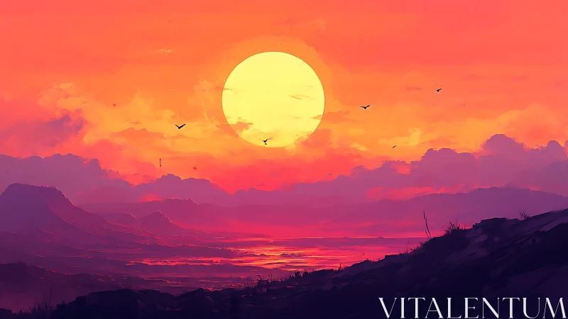 High saturation sunset landscape with layered silhouettes and haze