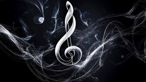 Treble clef formed from luminous white smoke on black background