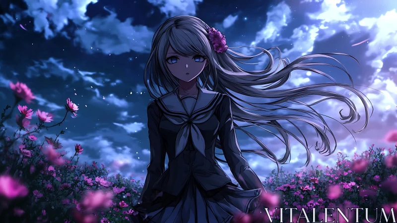 Silver haired girl stands in moonlit flower field