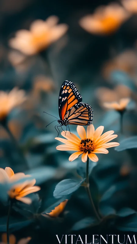 Macro study isolates monarch butterfly on soft bokeh daisies