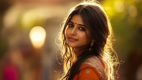 Young woman in traditional attire in warm backlighting.