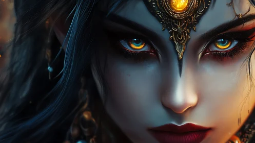 Digital painting close-up of mystical jeweled sorceress portrait.