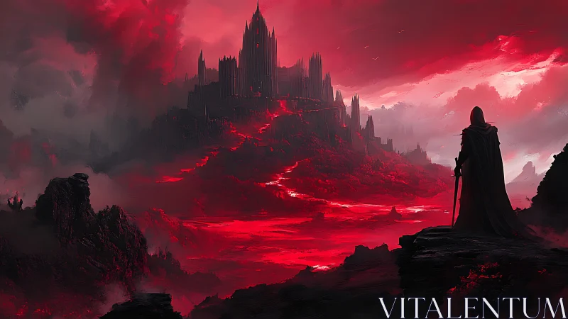 Cloaked warrior surveys infernal fortress above lava plain