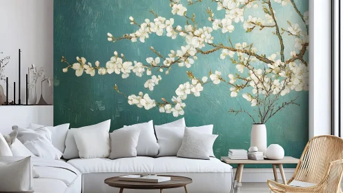 Large teal blossom mural anchors serene minimalist lounge