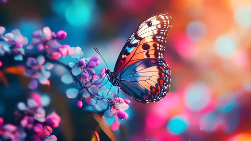 Butterfly on blossoms amid vivid bokeh background.