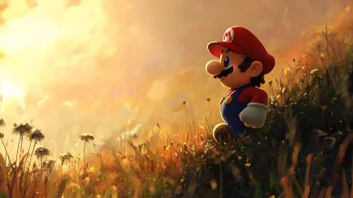 Sunlit cartoon plumber on sloping meadow at golden hour