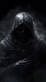 Shrouded reaper rises from smoke in midnight oblivion.