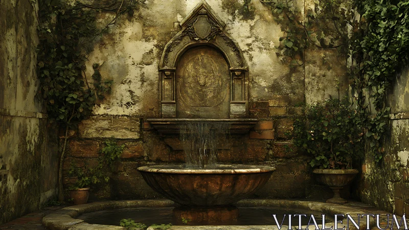 Gentle courtyard fountain whispers softly against old stone
