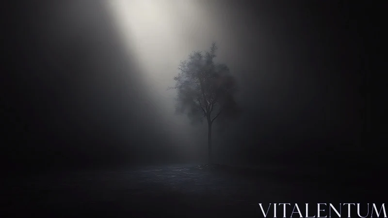 Isolated tree stands under focused overhead light beam
