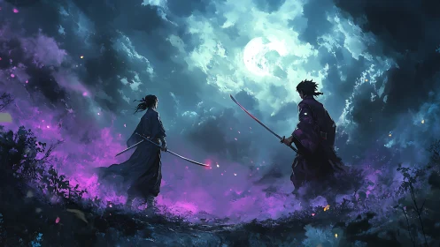 Two samurai duel under moonlit sky with glowing mist