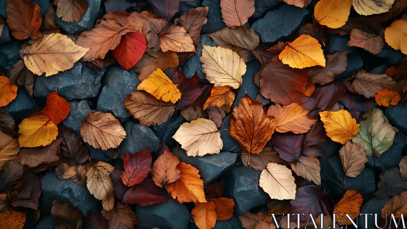Quiet autumn leaves resting softly on cool river stones.