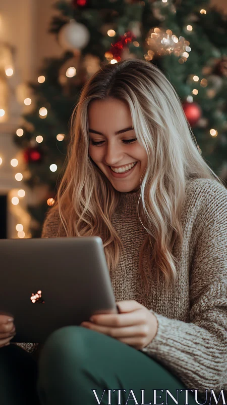 Cozy holiday glow with a laptop and twinkling tree lights.