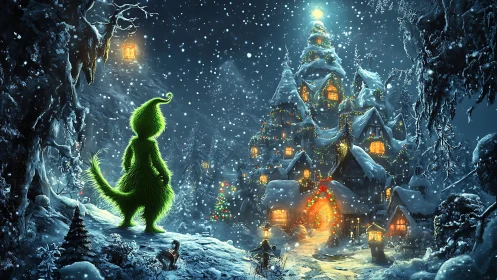 Furry green creature overlooking glowing snowy Christmas village.
