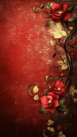 Crimson Blooms Dance Along Ornate Vintage Borders