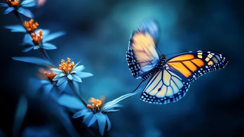Monarch butterfly on blue flowers in dreamy macro field.