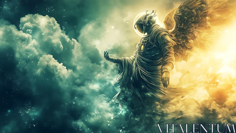 Winged astronaut figure stands in luminous cloud-filled space
