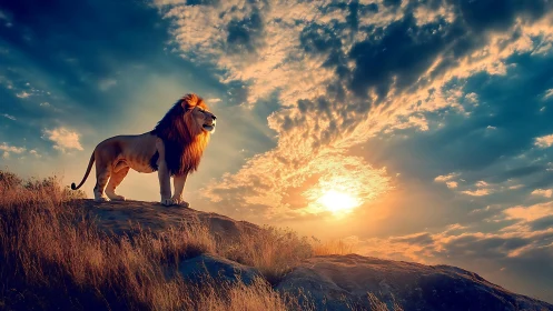 Male lion stands on rocky ridge under dense sunset clouds