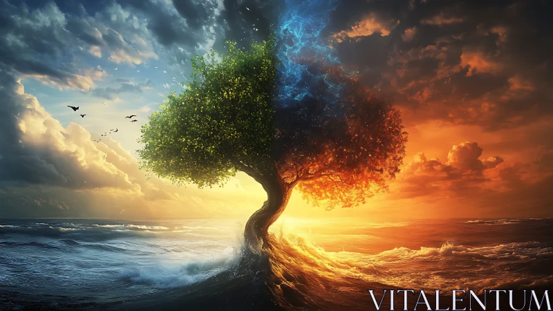 Tree divides ocean scene into cool daylight and warm sunset