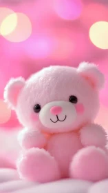 Pink plush teddy bear sits centered against blurred bokeh