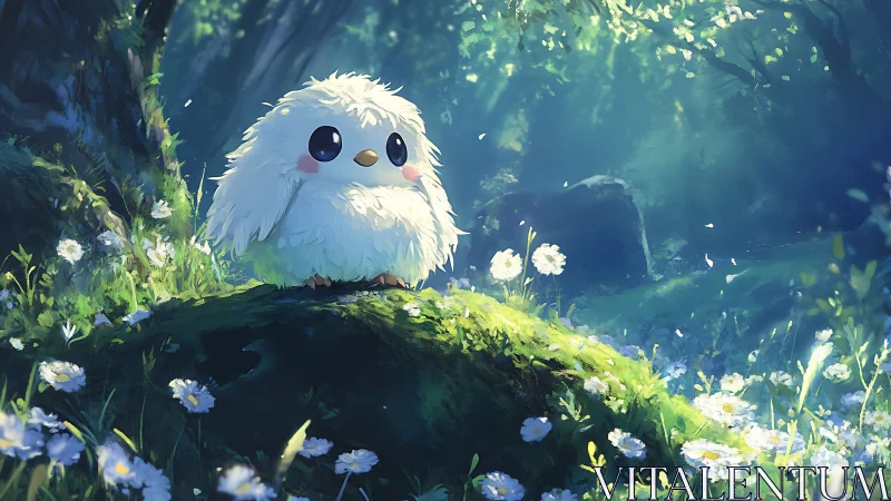 Fluffy white forest bird resting on mossy sunlit mound.