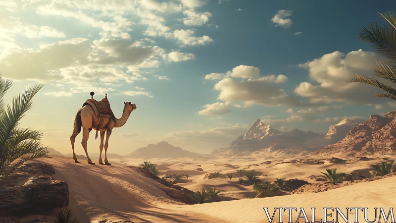 Single saddled camel overlooking sunlit desert dunes and buttes