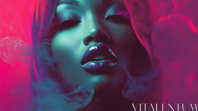 Neon lit portrait renders glossy lips inside swirling vapor
