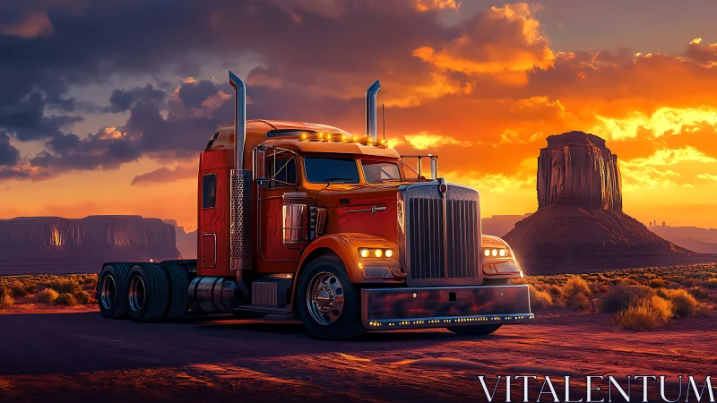 Sunlit red semi truck powers through desert sunset road.