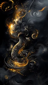 Golden fractal dragon coils through swirling cosmic smoke.
