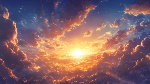 Cloud kingdoms ignite as the sun forges a molten horizon