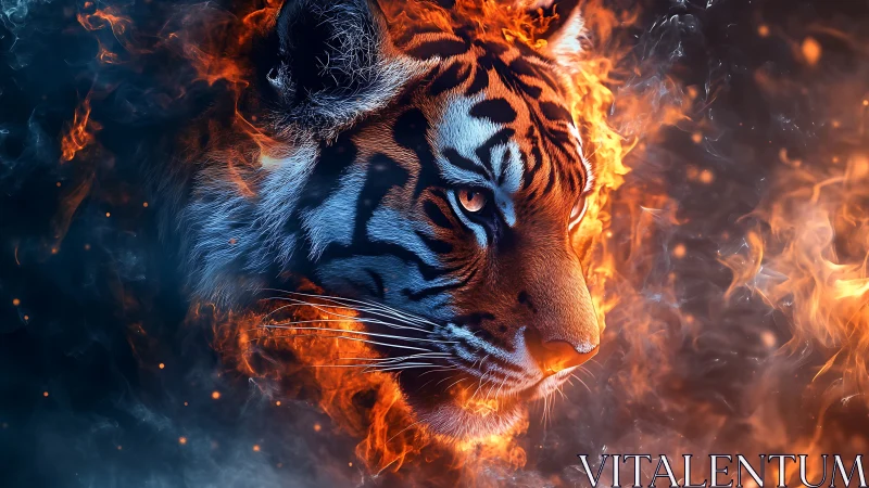 Photorealistic tiger portrait in dynamic fire and smoke fusion.