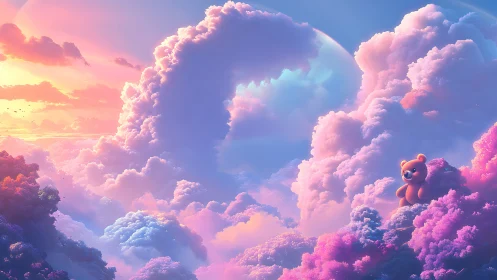 Pastel nebula cloudscape frames playful teddy bear sentinel