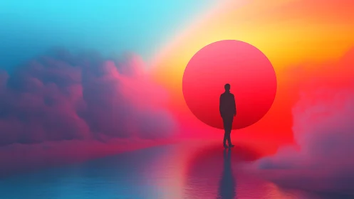 Silhouette figure stands before large red sun on water