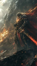 Fiery armored warrior standing tall in a glowing lava realm.