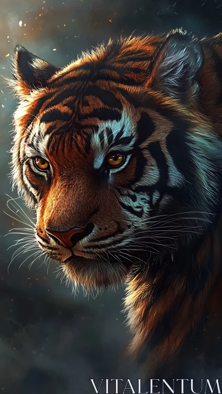 Digital close-up portrait of tiger head in low light.