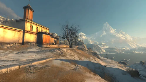 Sunlit fortress overlooks frozen lake and distant peak