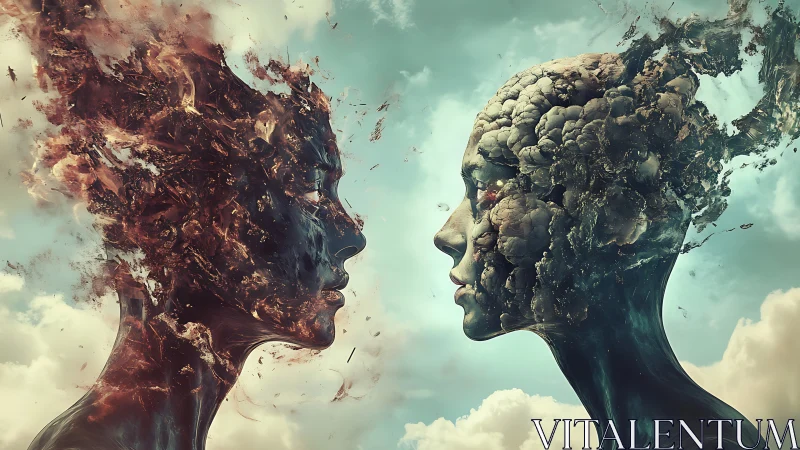 Two dissolving humanoid heads confront each other in clouds