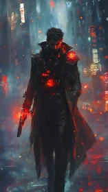 Cybernetic enforcer traversing neon-saturated dystopian streets.