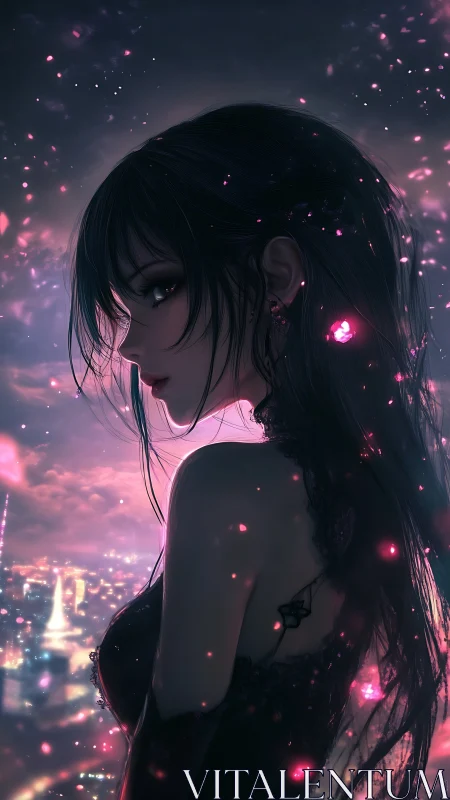 Side profile anime woman stands over glowing night cityscape