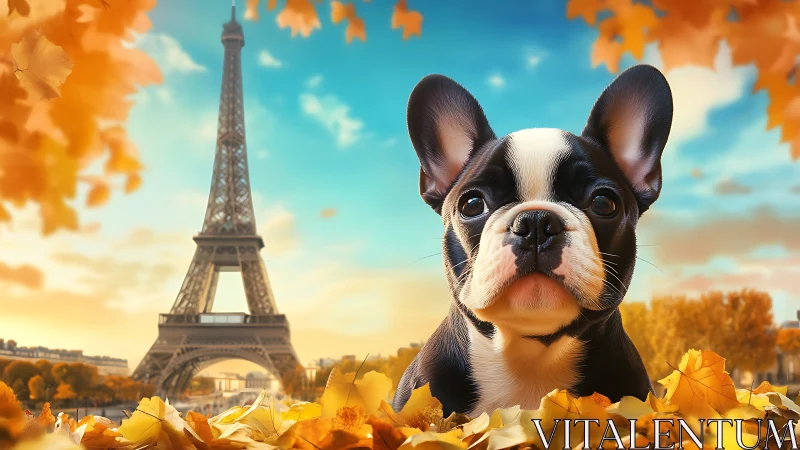 Playful French bulldog beneath Parisian autumn skies.