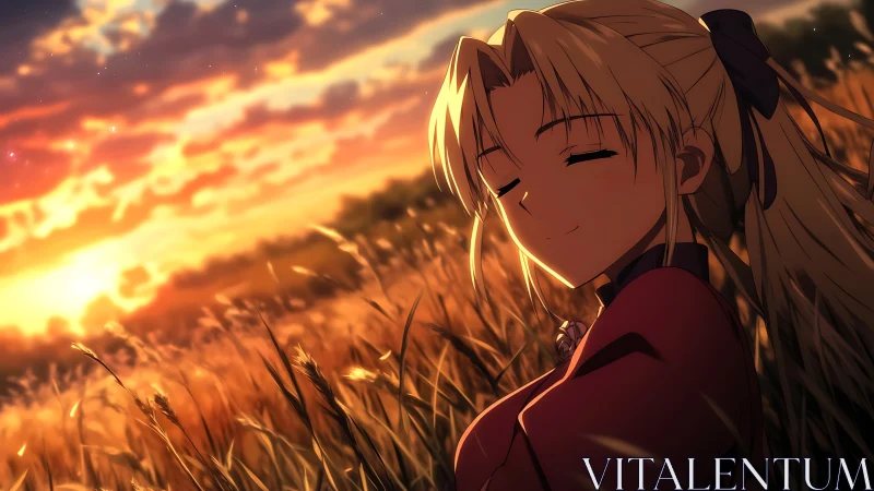 Anime girl rests in glowing sunset wheat field panorama.