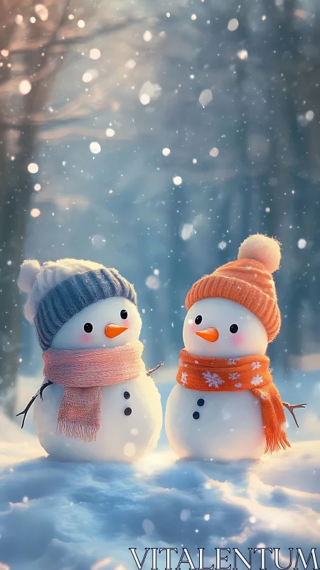 Two small snow figures stand in soft winter illumination