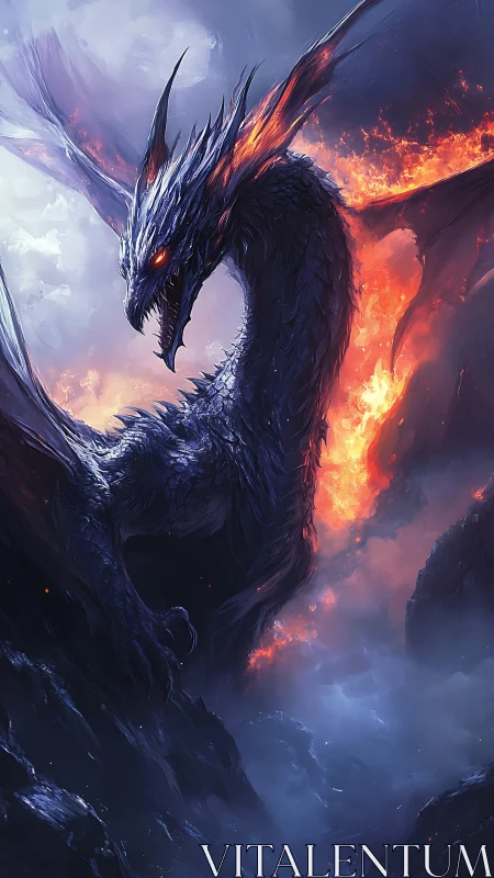 Infernal dragon coils over burning chasm in stormy night sky.