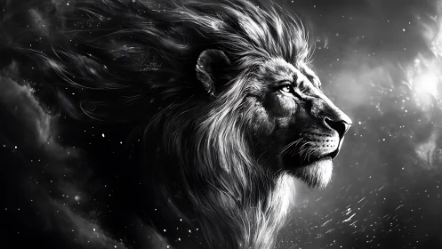 Majestic lion profile in monochrome cosmic storm scene.