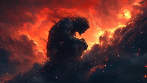Colossal firelit warrior silhouette within turbulent inferno cloud