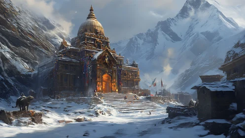Golden mountain temple glowing against deep winter snow.
