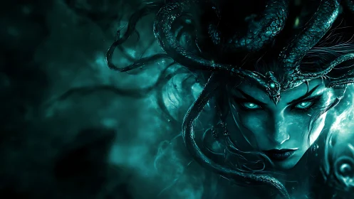 Serpents crown a moonlit gorgon as her void-lit eyes judge