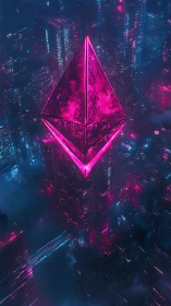 Neon crystal pyramid glows softly above a misty cyber city