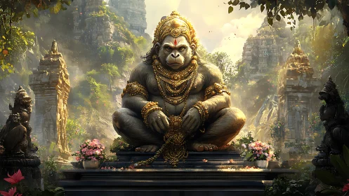 Gilded simian deity statue guarding lush jungle temple complex.
